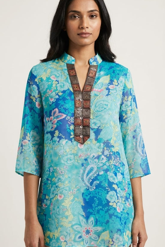 Aqua Floral Fusion Kurti Top for Women | Indo-Western Everyday Wear