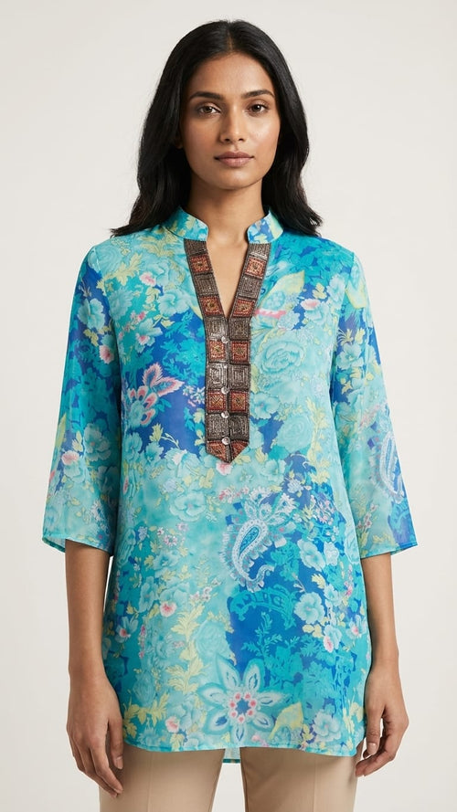 Aqua Floral Fusion Kurti Top for Women | Indo-Western Everyday Wear