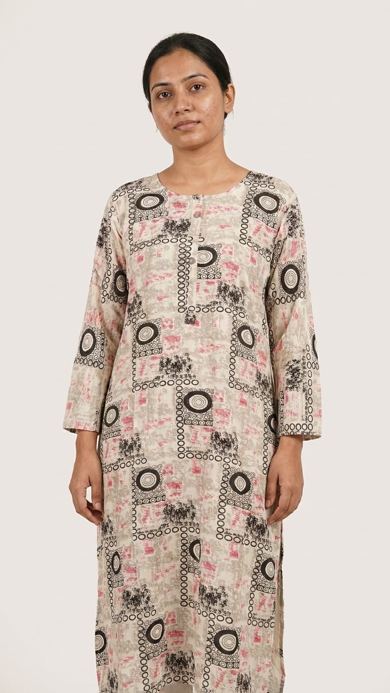 Beige Abstract Print Straight Kurti
