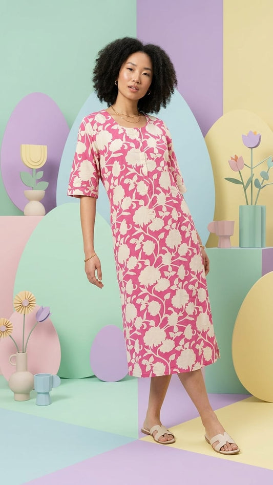 Pink & Cream Floral Printed Kurthi – Soft Everyday Ethnic Wear