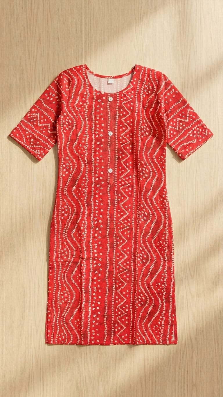 Red Bandhani Style Straight Kurti