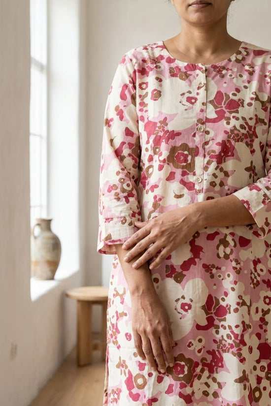 Pink Floral Cotton Straight Kurti for Women