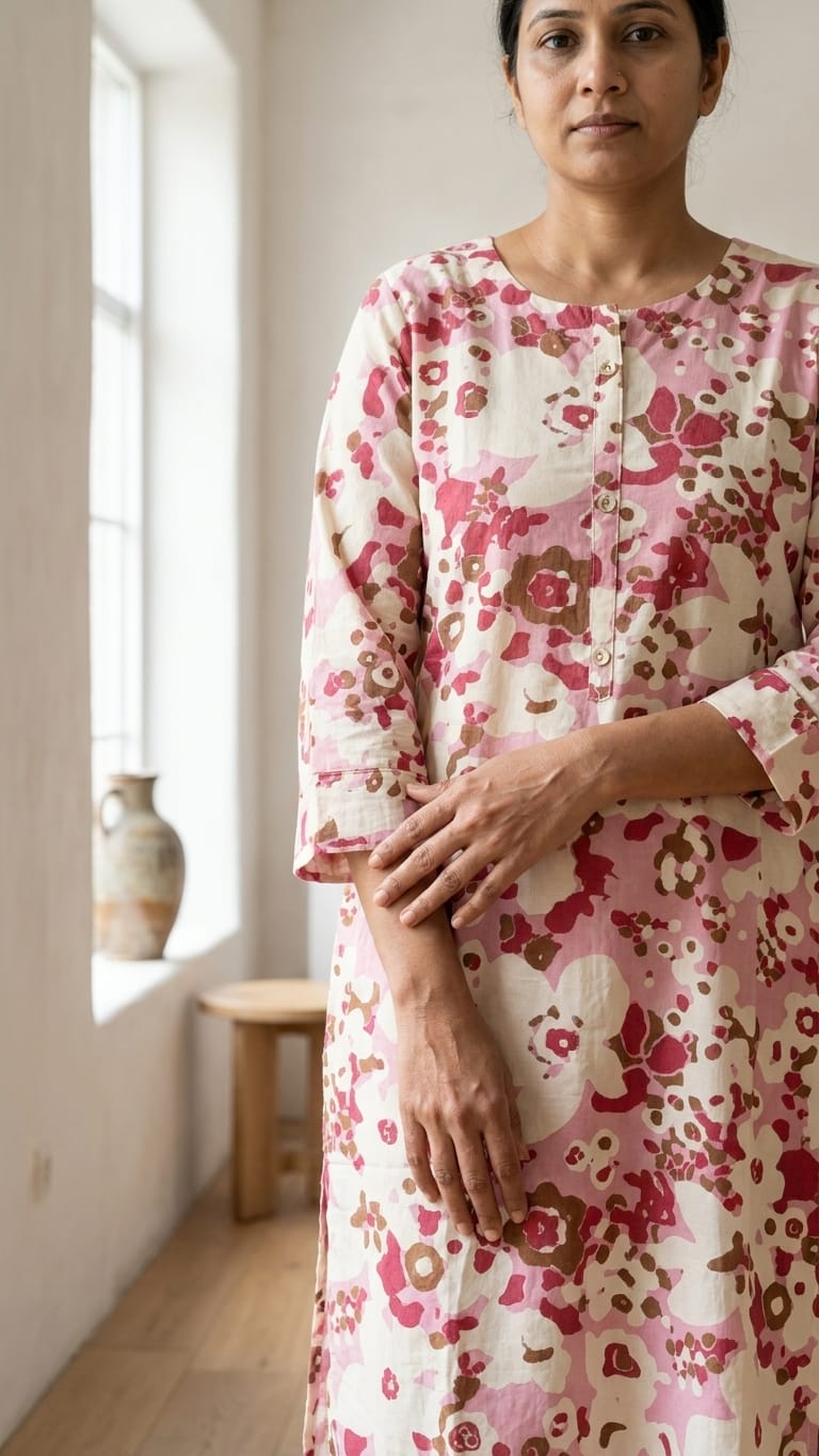 Pink Floral Cotton Straight Kurti for Women