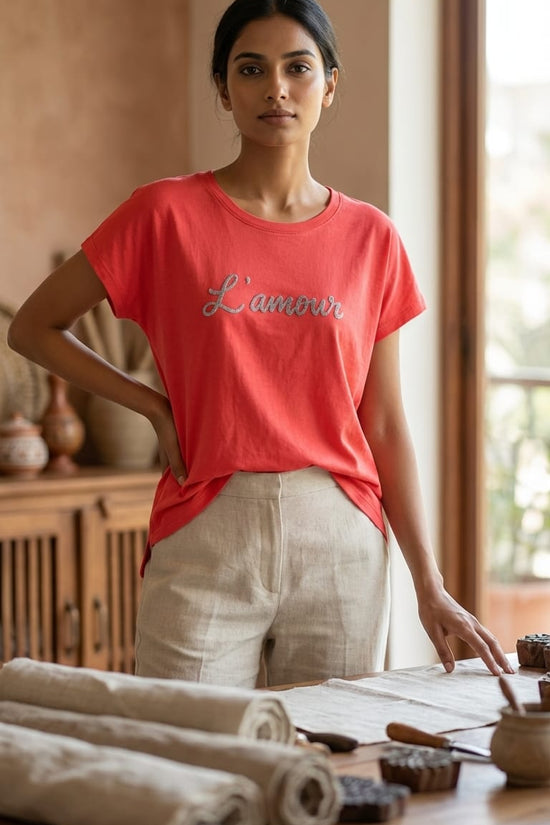 Coral Red “L’amour” Graphic Tee | Casual Everyday T-Shirt