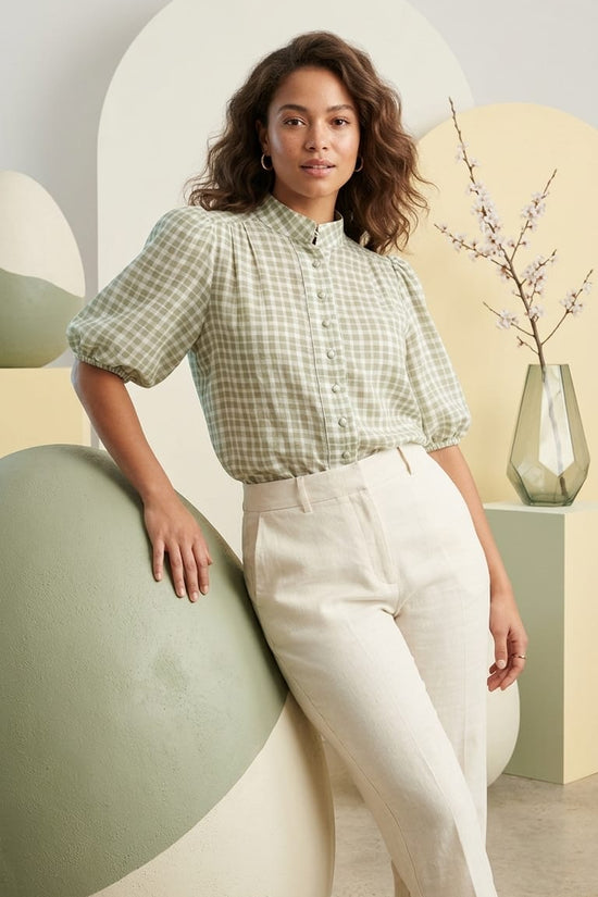 Sage Green Checkered Blouse for Women | Elegant Everyday & Office Wear