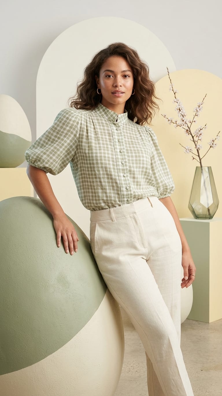 Sage Green Checkered Blouse for Women | Elegant Everyday & Office Wear