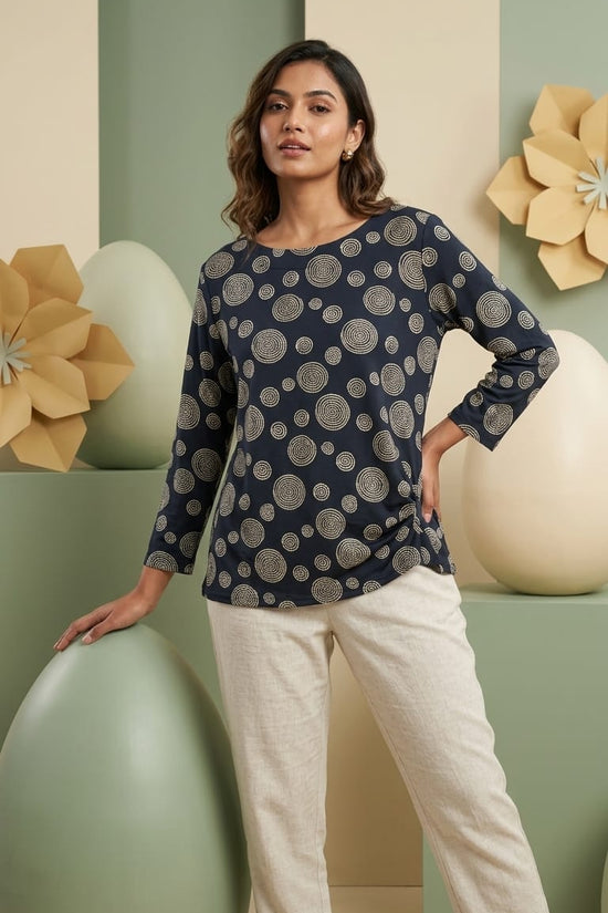 Black Spiral Print Casual Top for Women | Minimal Everyday Wear