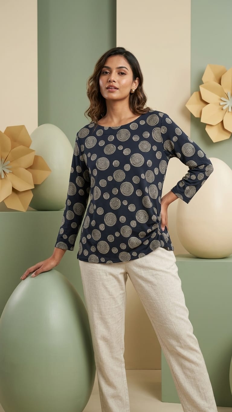 Black Spiral Print Casual Top for Women | Minimal Everyday Wear