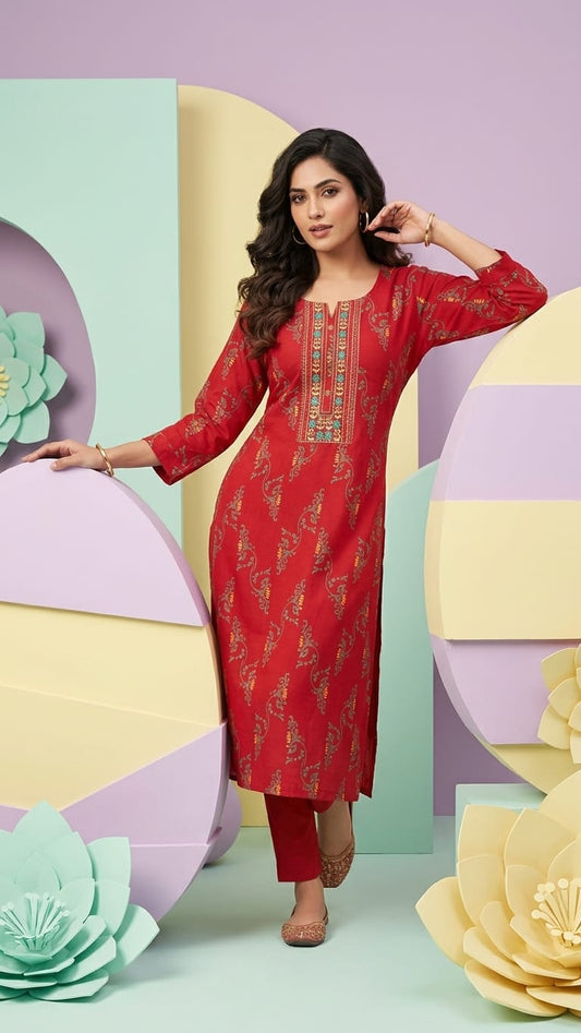 Red Printed Cotton Straight Kurti with Embroidered Yoke