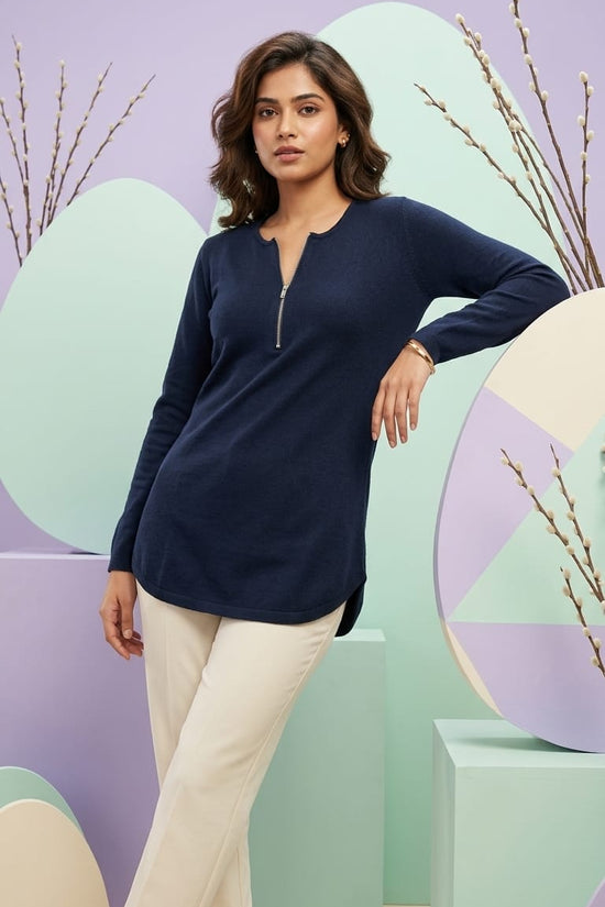 Navy Zip Neck Top | Minimal Smart Casual Wear