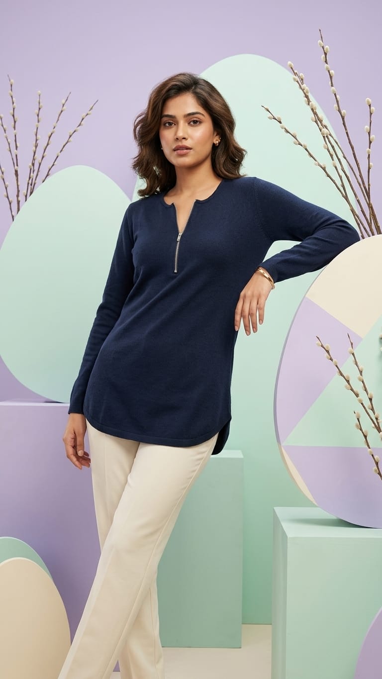 Navy Zip Neck Top | Minimal Smart Casual Wear