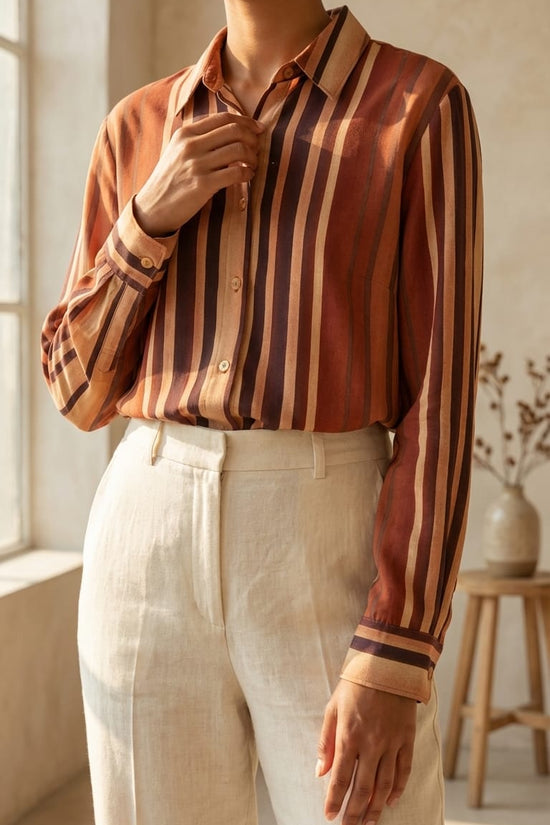 Rust Brown Striped Shirt | Classic Minimal Smart Wear