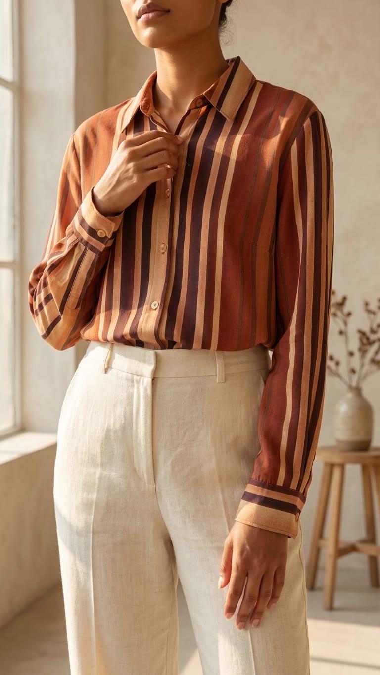 Rust Brown Striped Shirt | Classic Minimal Smart Wear