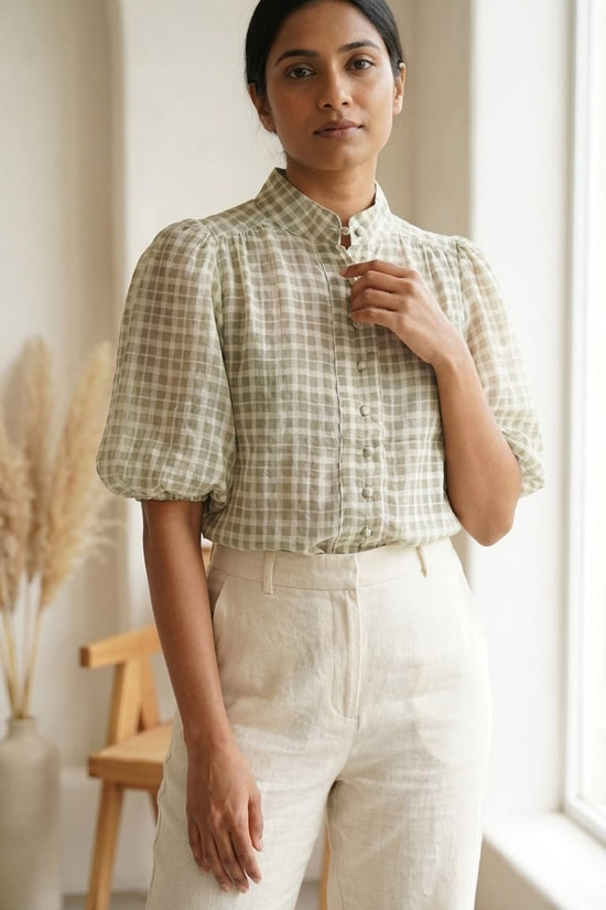 Sage Green Checkered Blouse for Women | Elegant Everyday & Office Wear