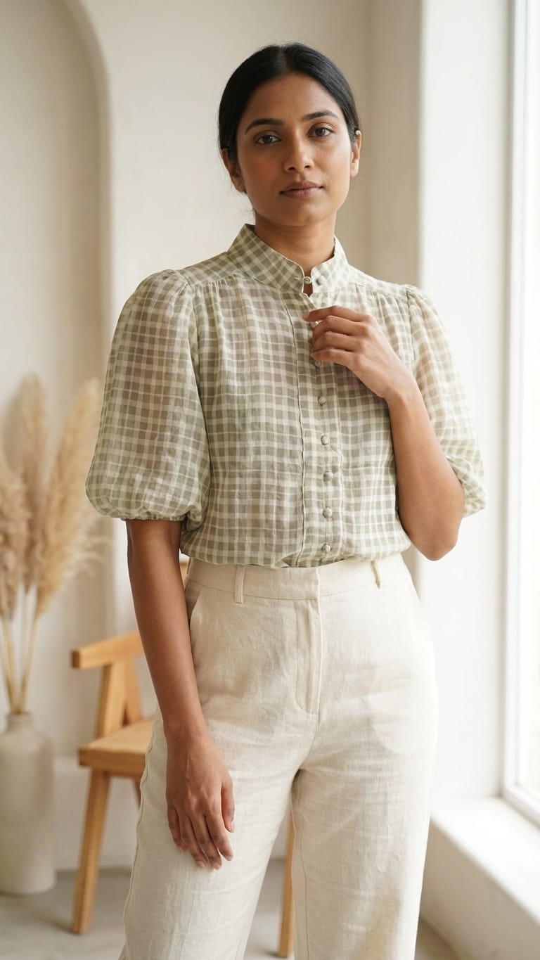 Sage Green Checkered Blouse for Women | Elegant Everyday & Office Wear
