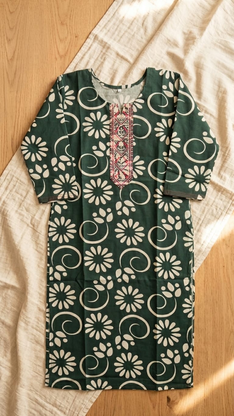 Elegant Green Printed Kurthi with Embroidered Neck