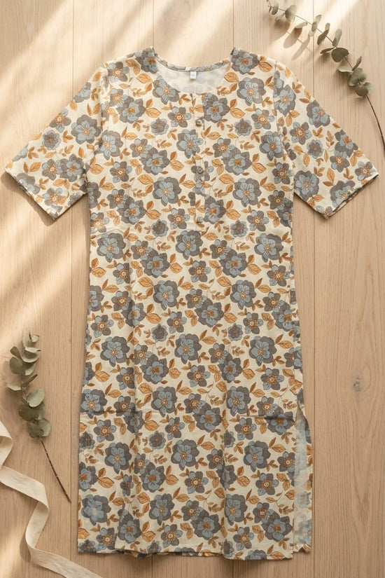Beige & Blue Floral Print Straight Kurti