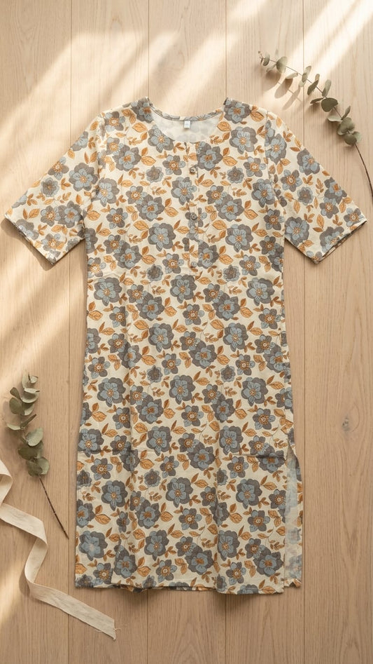 Beige & Blue Floral Print Straight Kurti