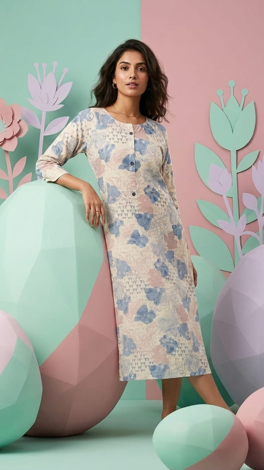 Pastel Floral Print Straight Kurti