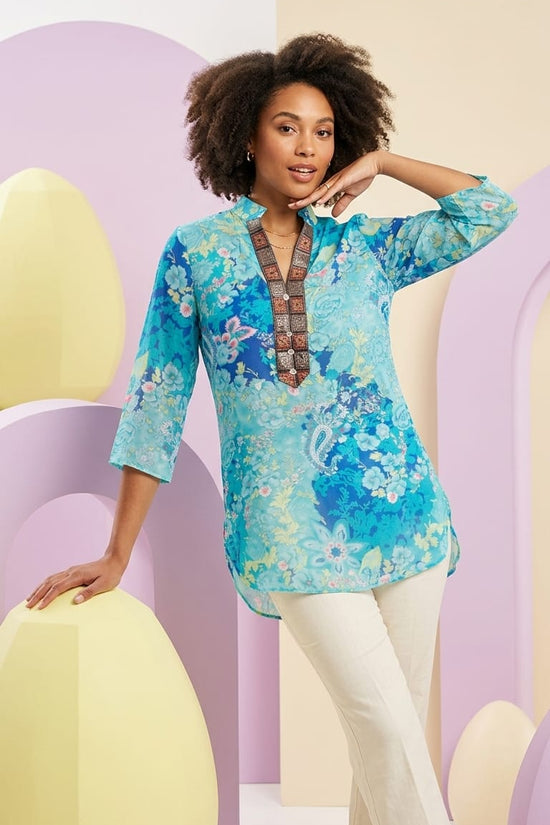 Aqua Floral Fusion Kurti Top for Women | Indo-Western Everyday Wear
