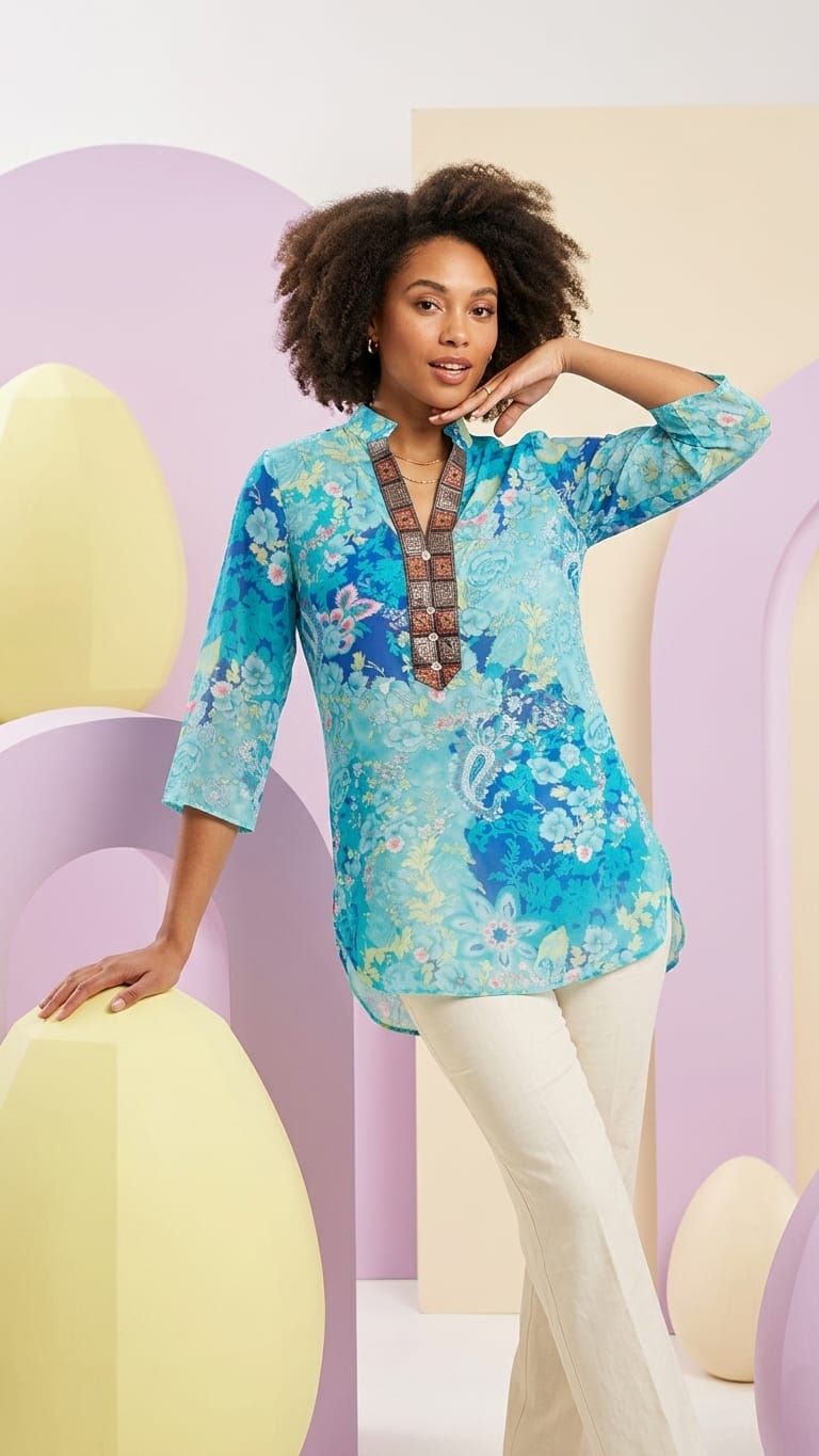 Aqua Floral Fusion Kurti Top for Women | Indo-Western Everyday Wear