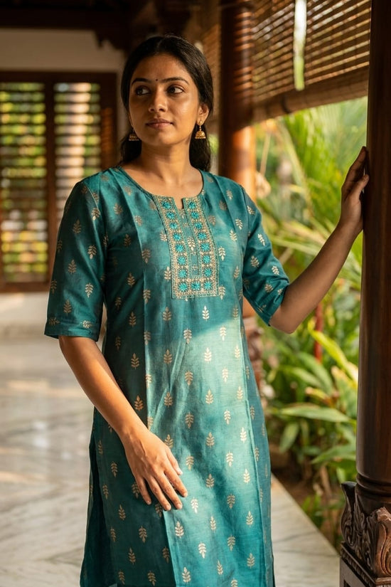 Teal Embroidery Silk Straight Kurti for Women