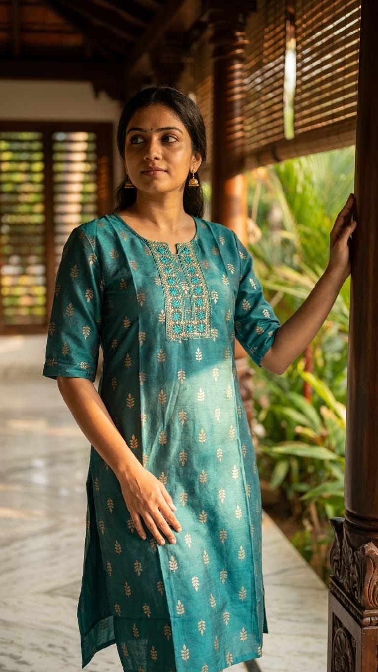 Teal Embroidery Silk Straight Kurti for Women