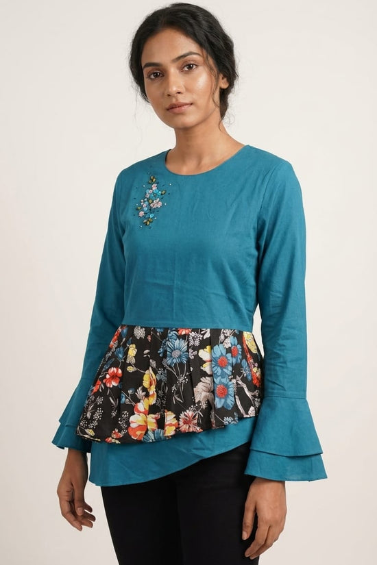 Teal Fusion Peplum Top with Floral Panel | Designer Statement Wear