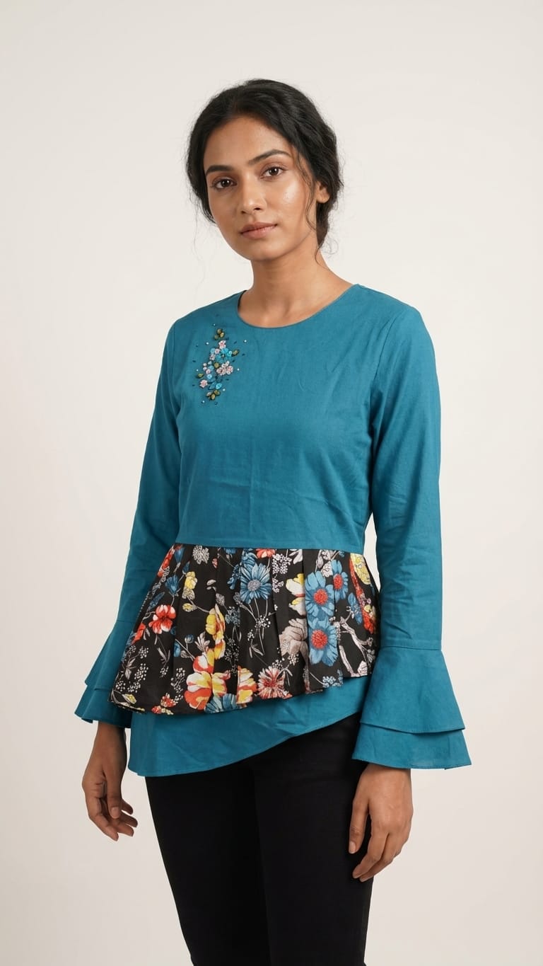 Teal Fusion Peplum Top with Floral Panel | Designer Statement Wear