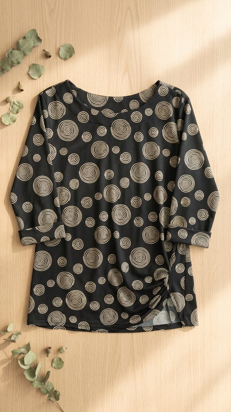 Black Spiral Print Casual Top for Women | Minimal Everyday Wear