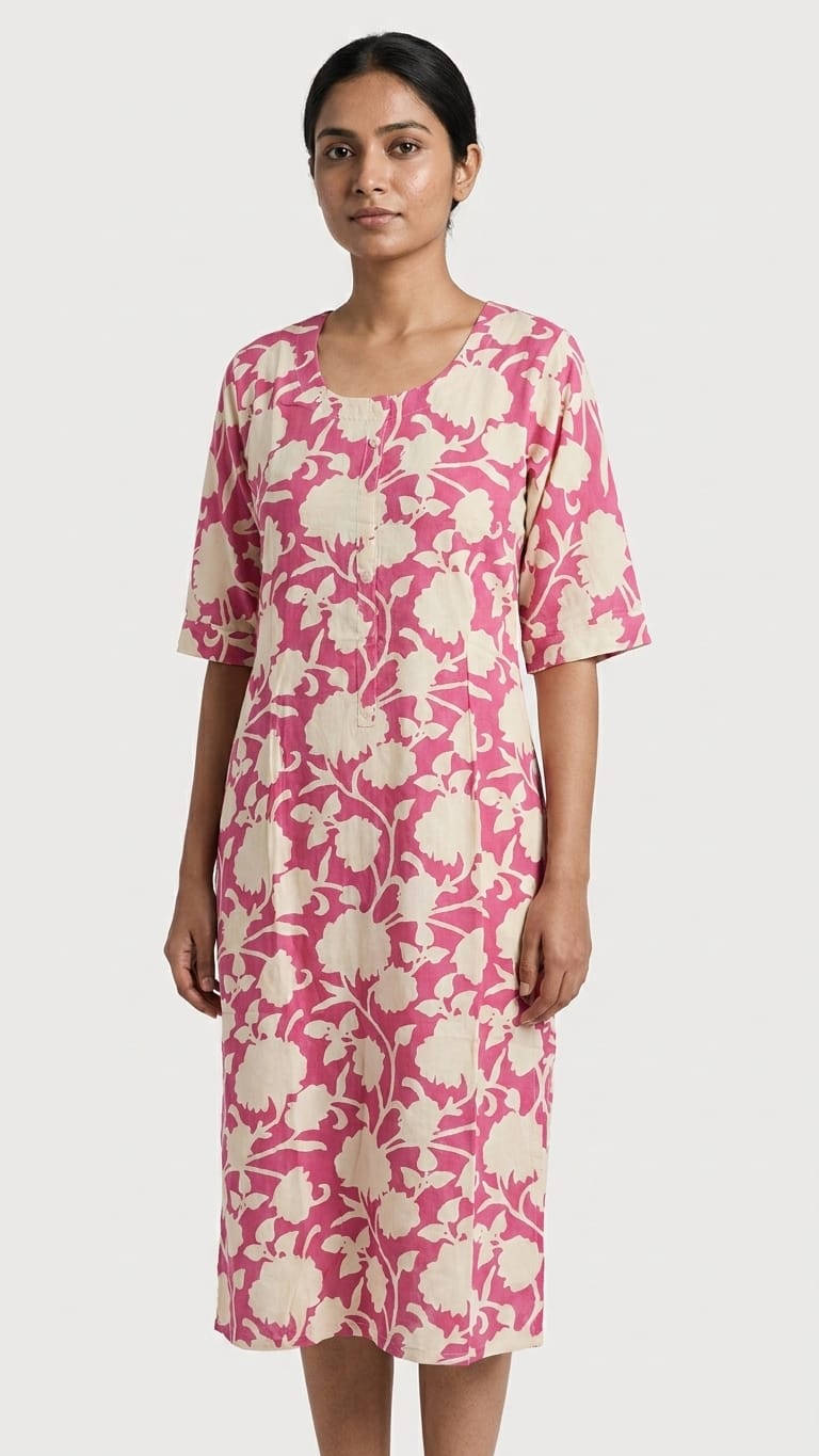 Pink & Cream Floral Printed Kurthi – Soft Everyday Ethnic Wear