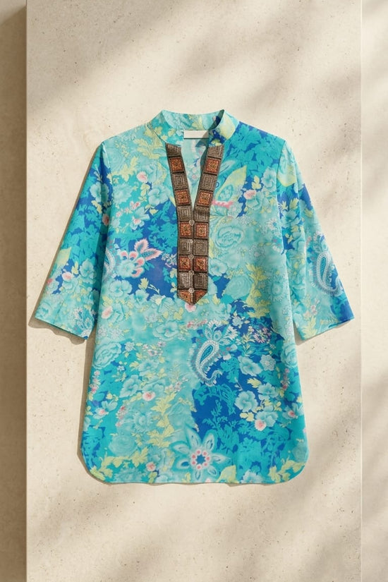 Aqua Floral Fusion Kurti Top for Women | Indo-Western Everyday Wear