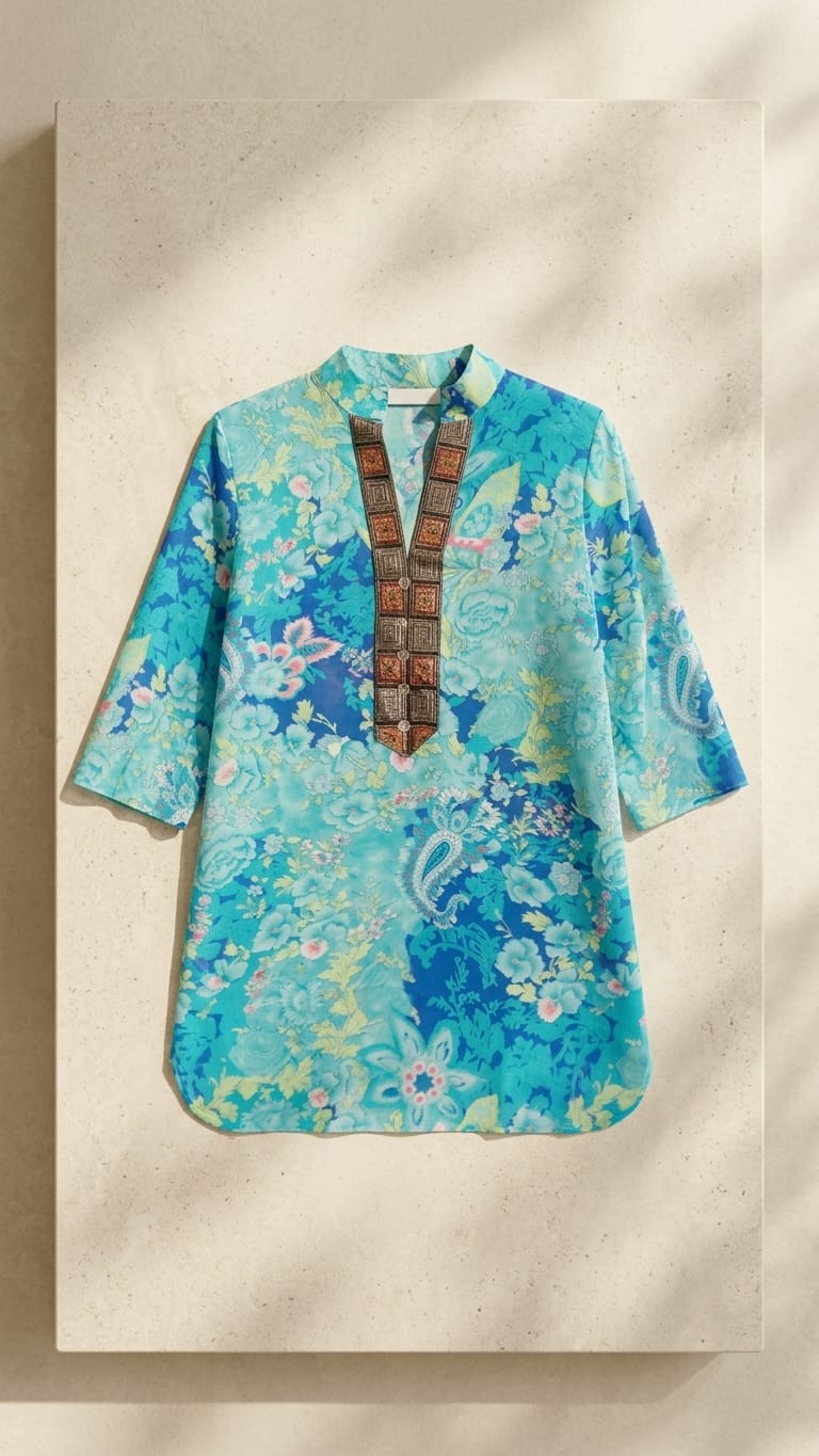 Aqua Floral Fusion Kurti Top for Women | Indo-Western Everyday Wear