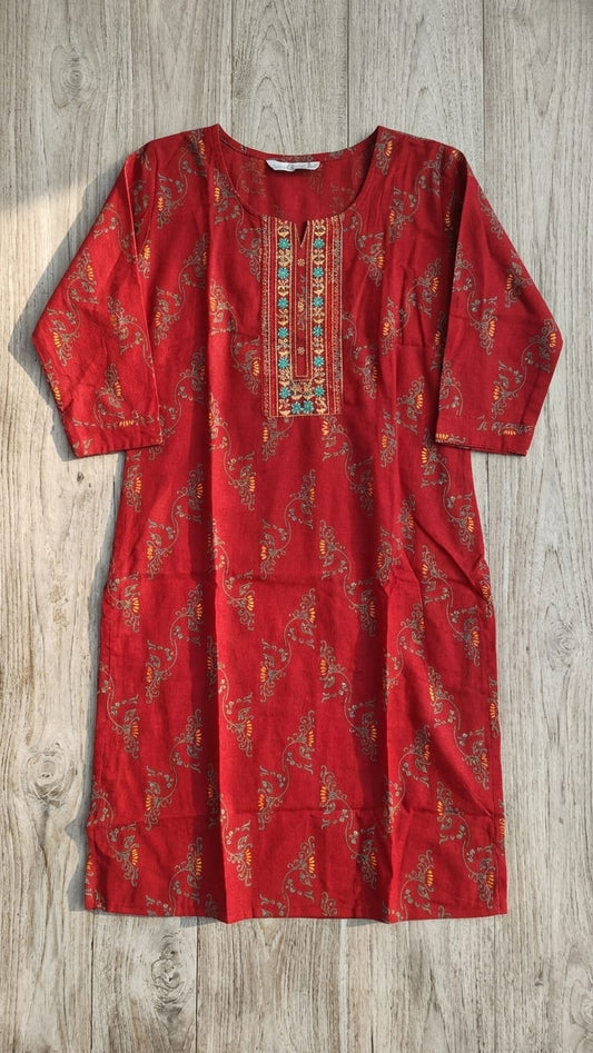 Red Printed Cotton Straight Kurti with Embroidered Yoke