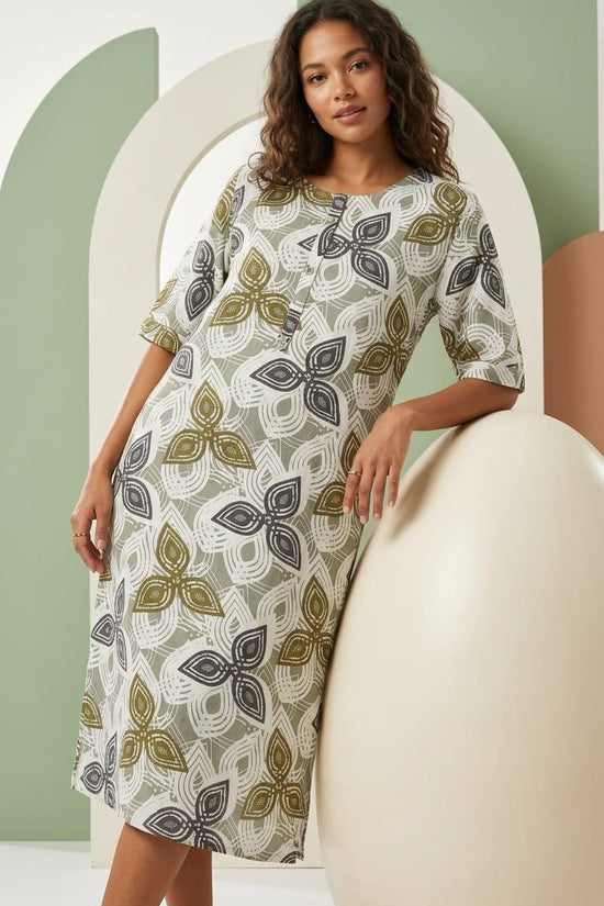 Olive Grey Floral Printed Kurthi – Minimal Everyday Comfort Wear