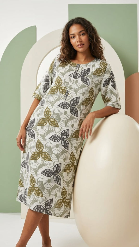 Olive Grey Floral Printed Kurthi – Minimal Everyday Comfort Wear