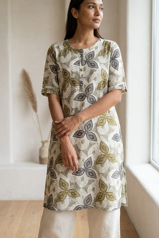 Olive Grey Floral Printed Kurthi – Minimal Everyday Comfort Wear