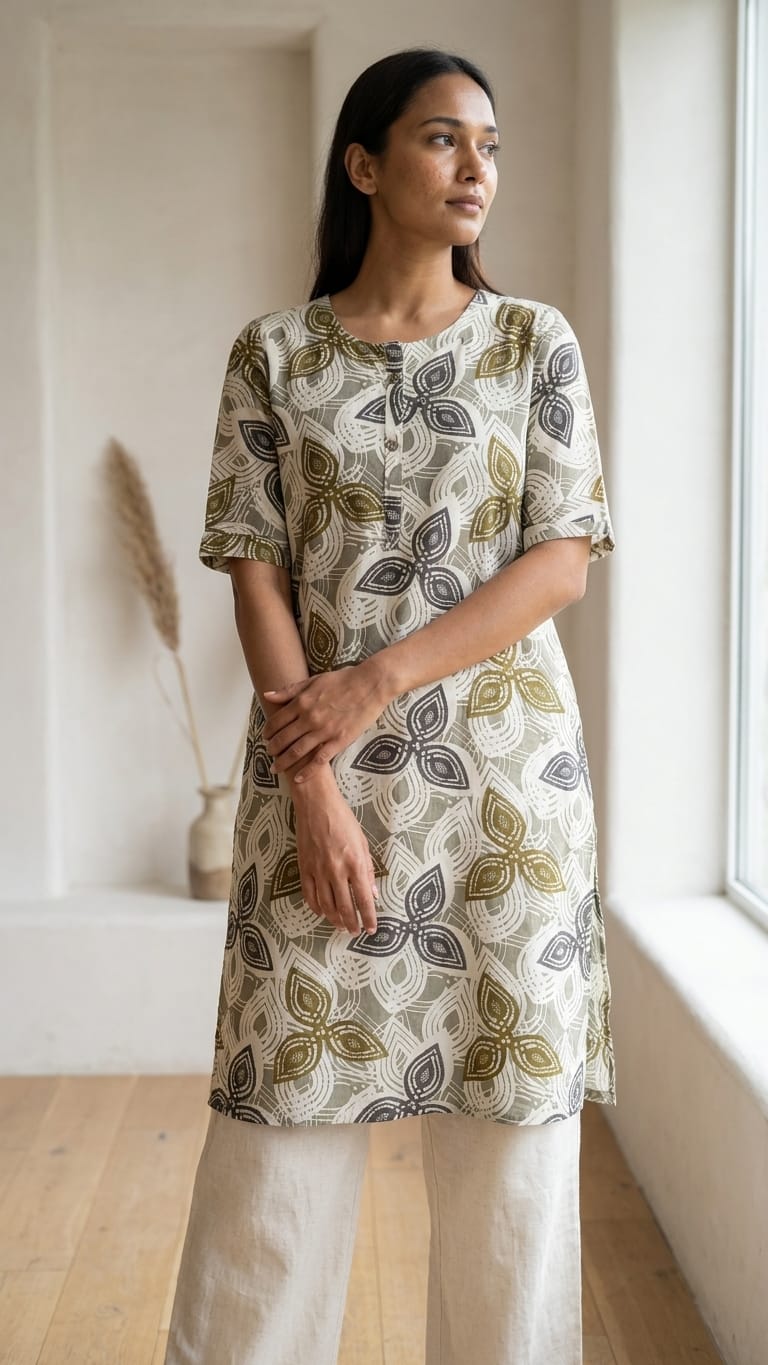 Olive Grey Floral Printed Kurthi – Minimal Everyday Comfort Wear