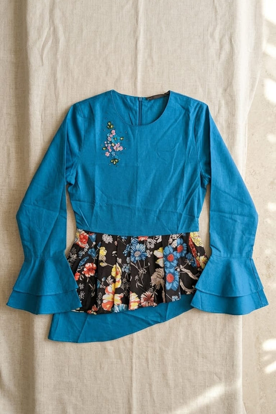 Teal Fusion Peplum Top with Floral Panel | Designer Statement Wear