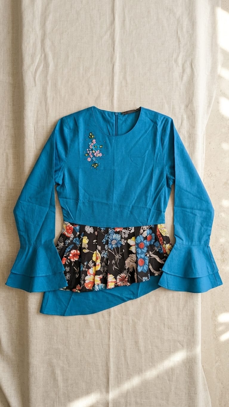 Teal Fusion Peplum Top with Floral Panel | Designer Statement Wear