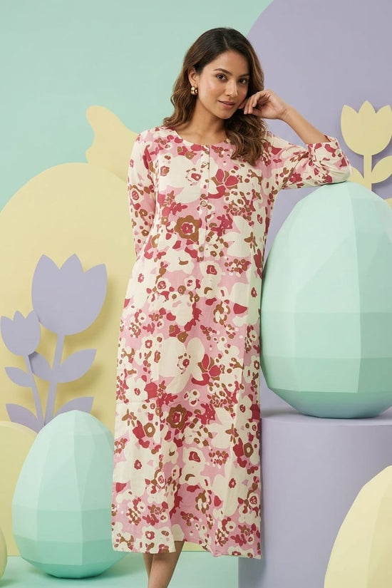 Pink Floral Cotton Straight Kurti for Women