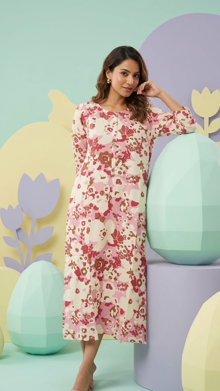 Pink Floral Cotton Straight Kurti for Women