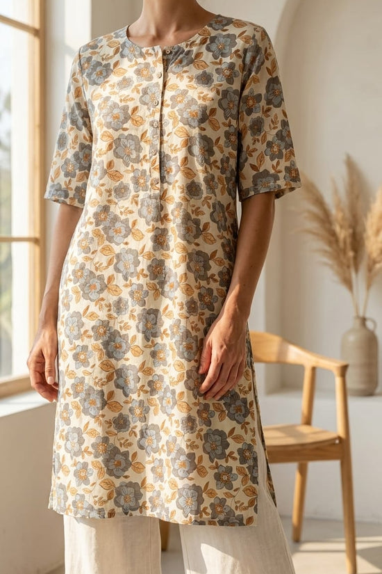 Beige & Blue Floral Print Straight Kurti