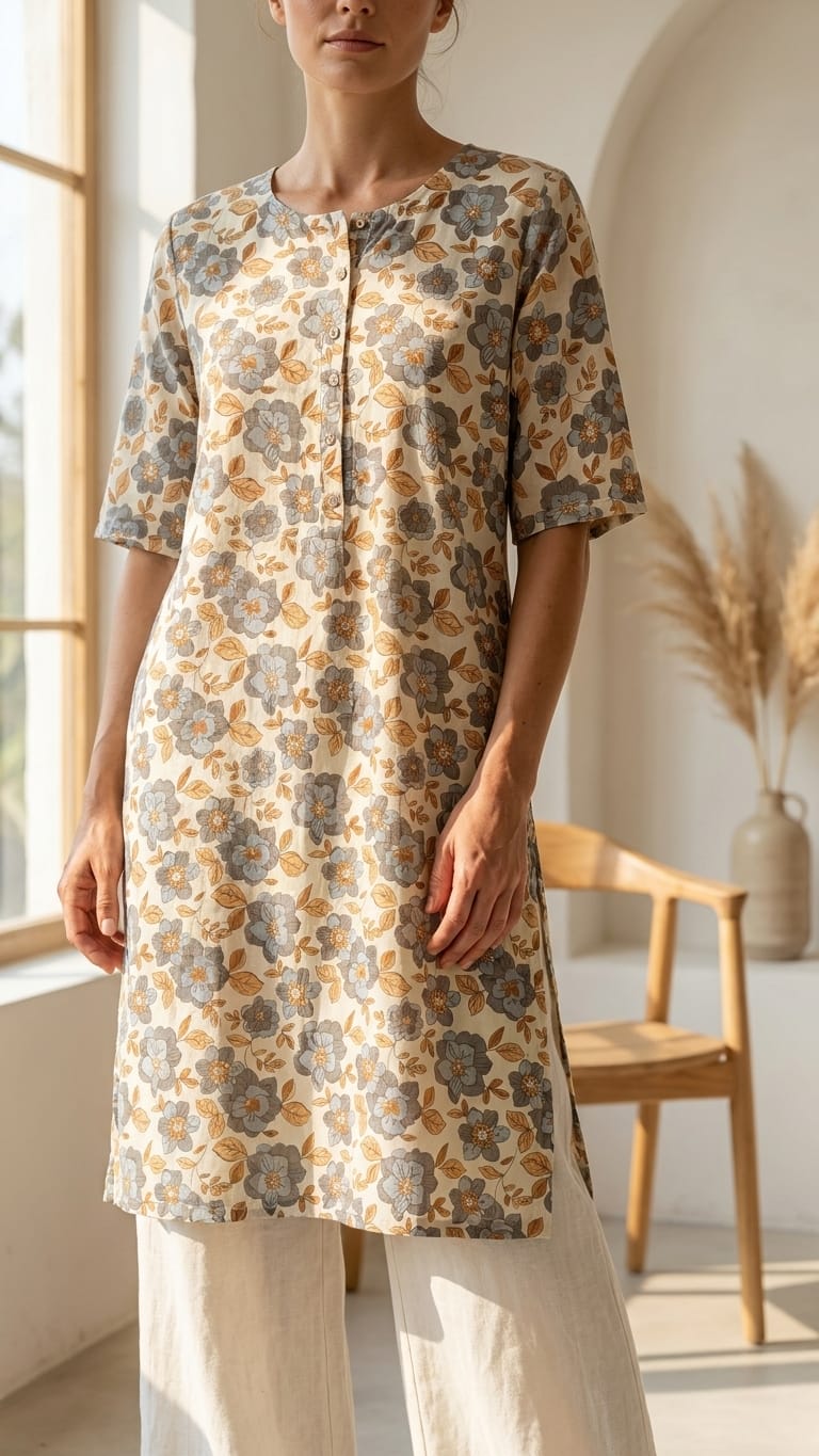 Beige & Blue Floral Print Straight Kurti