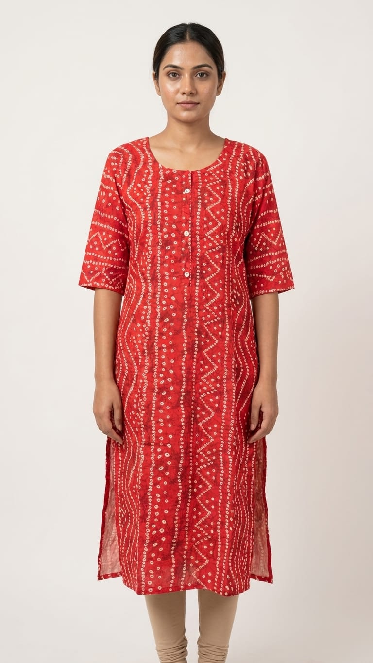 Red Bandhani Style Straight Kurti
