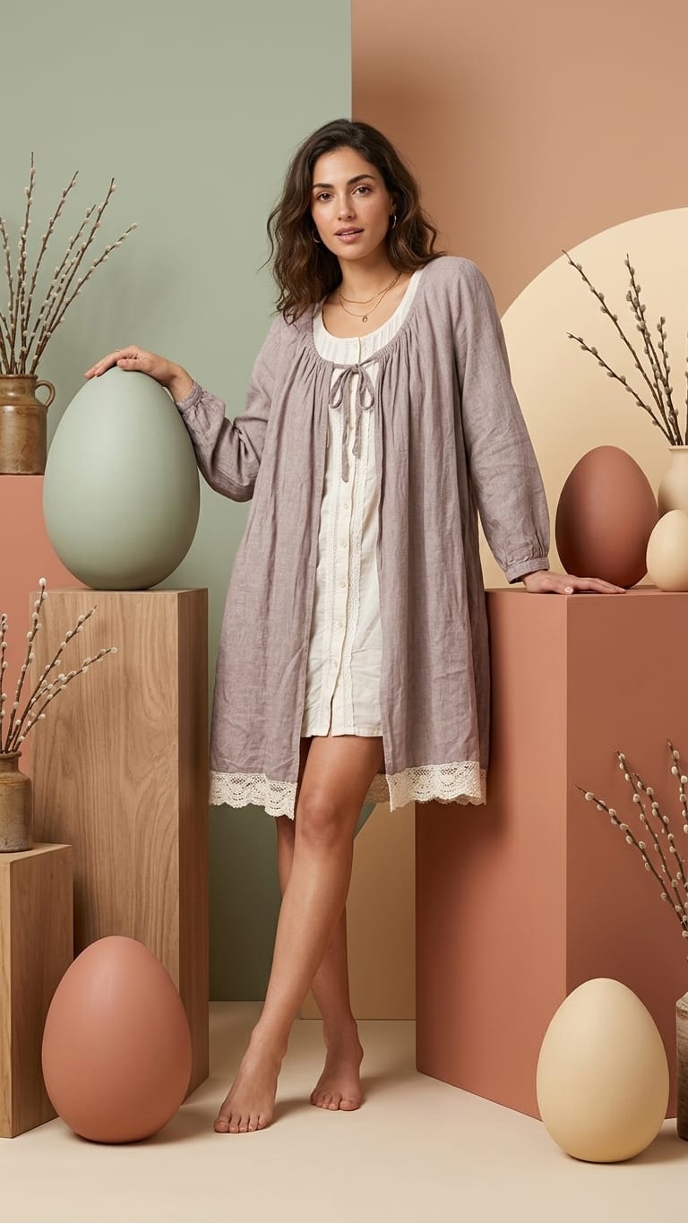 Beige Layered Linen Tunic Dress with Inner | Soft Minimal Aesthetic