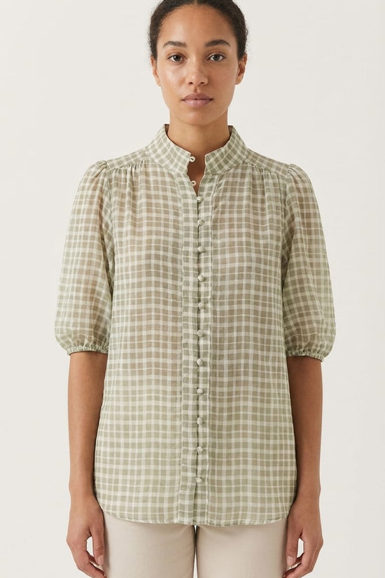 Sage Green Checkered Blouse for Women | Elegant Everyday & Office Wear