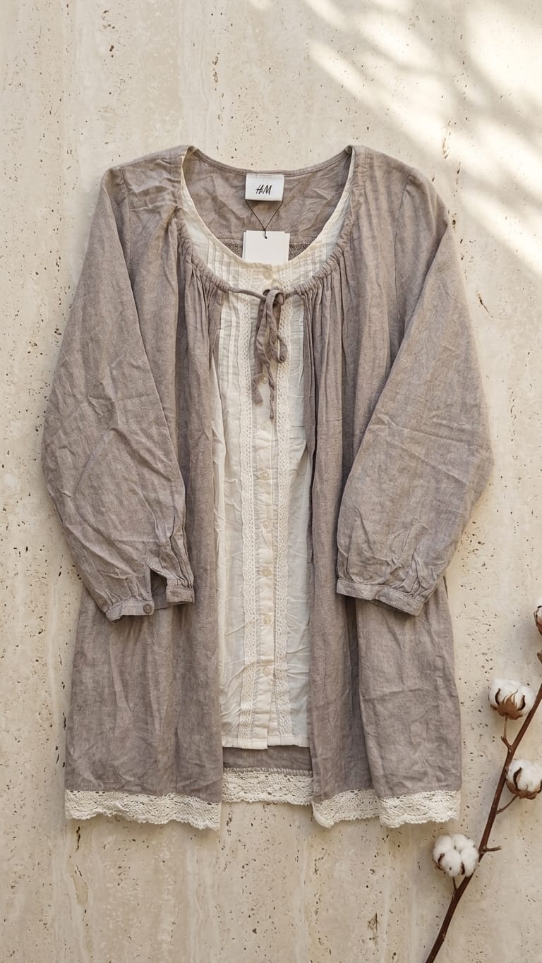 Beige Layered Linen Tunic Dress with Inner | Soft Minimal Aesthetic