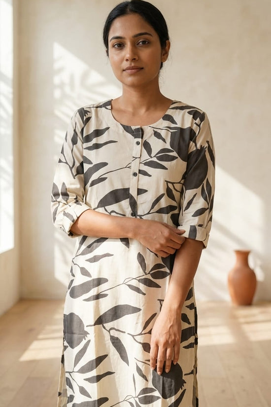 Beige & Black Leaf Printed Kurthi – Minimal Everyday Elegance