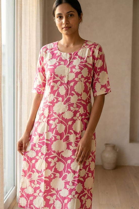 Pink & Cream Floral Printed Kurthi – Soft Everyday Ethnic Wear